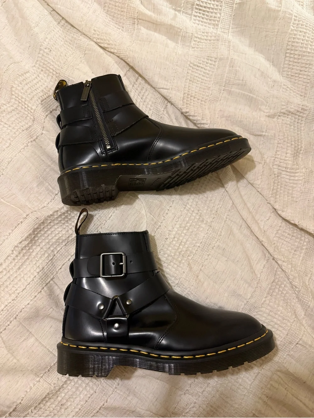 Dr. Martens Black Leather Harness Boots with Yellow Welt Stitching